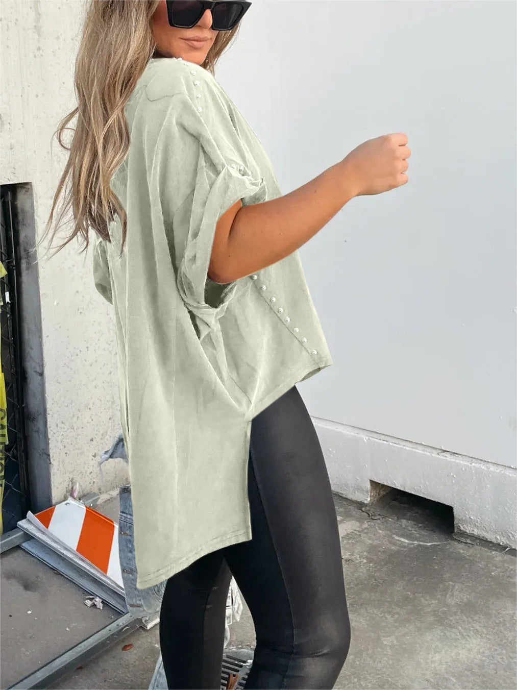ð¥Washed Roll Sleeve Studded Oversized Short Sleeve Top  (Buy 2 Free Shipping)