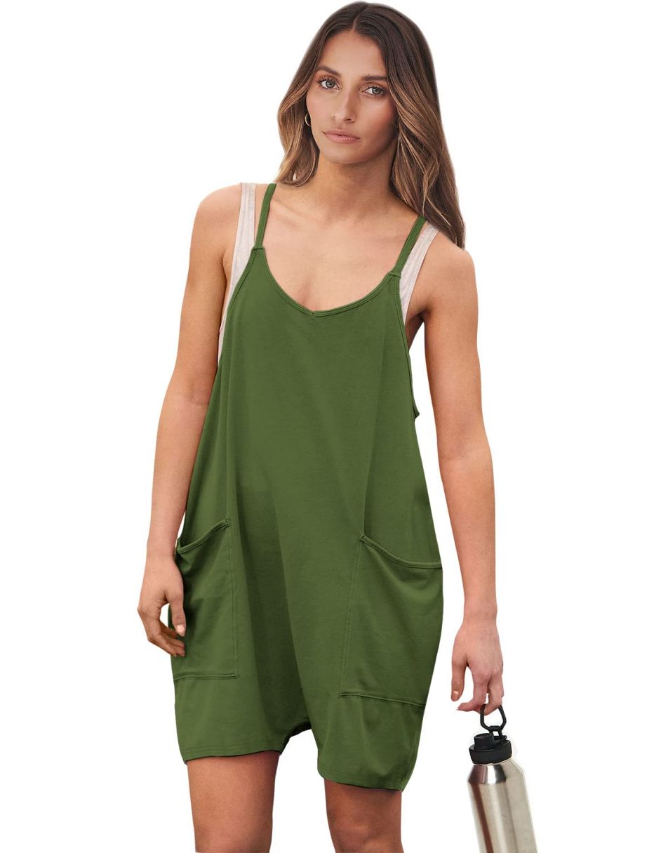 Anrabess Casual Rompers Loose Spaghetti Strap Shorts Jumpsuit with Pockets