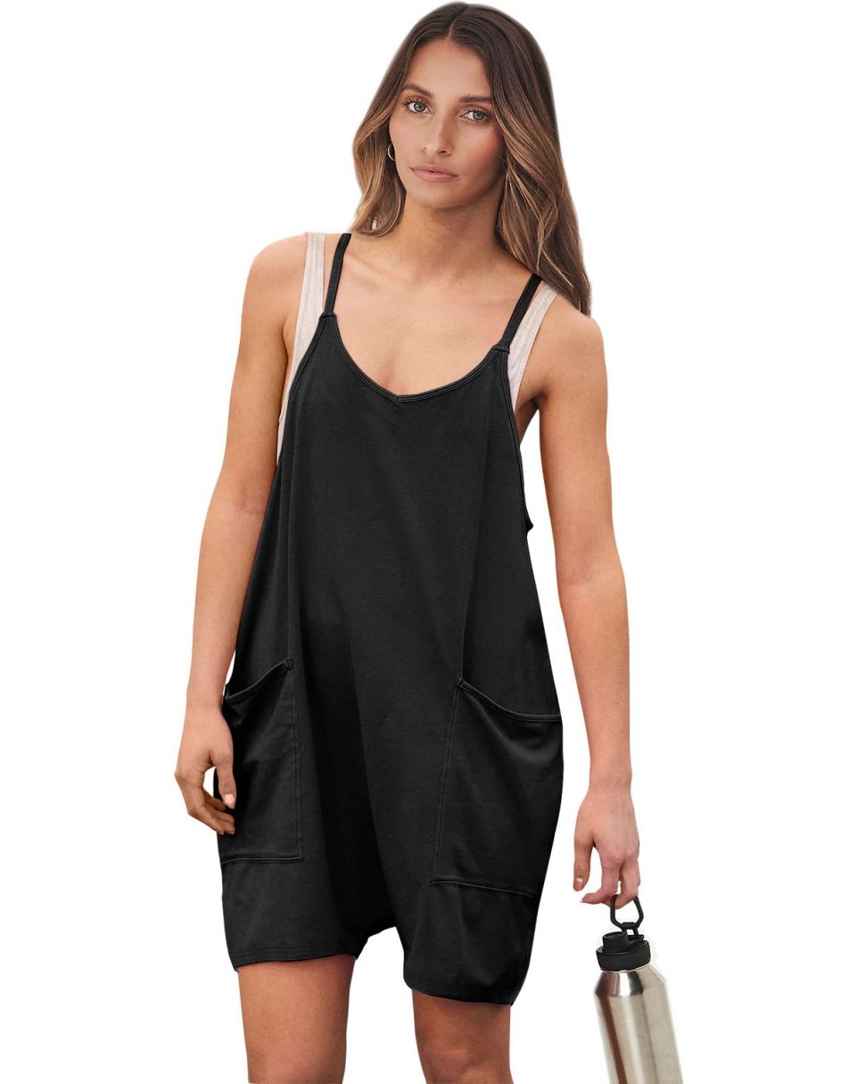 Anrabess Casual Rompers Loose Spaghetti Strap Shorts Jumpsuit with Pockets