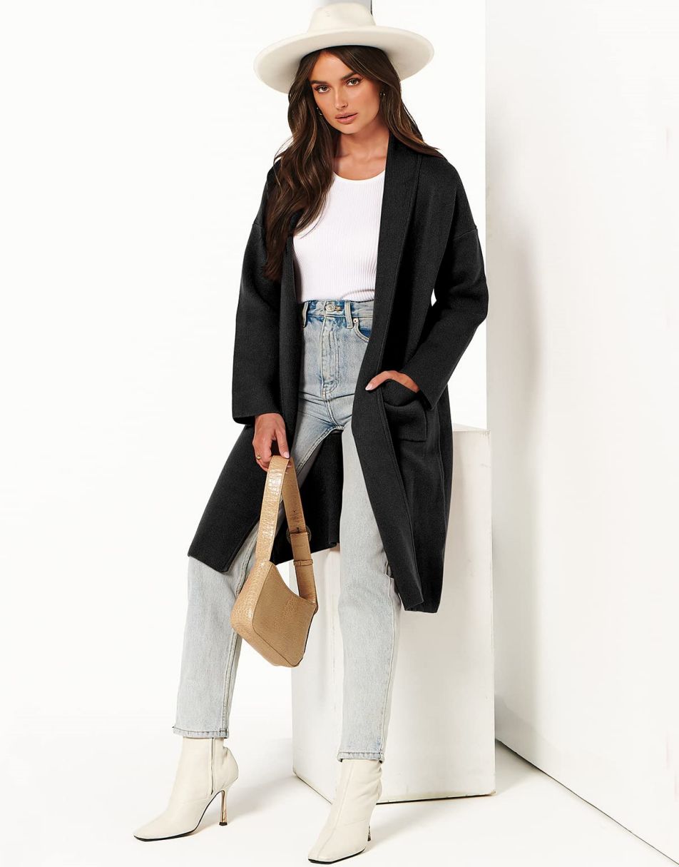 ANRABESS Women's 2023 Fall Cardigan Sweater Long Sleeve Open Front Lapel Coat Casual Knit Coatigan Jacket with Pockets