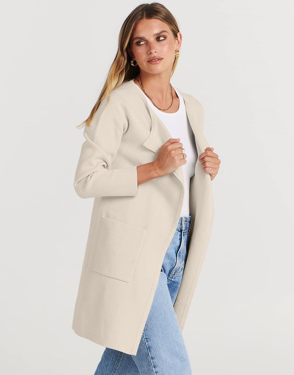ANRABESS Women's Open Front Knit Cardigan Long Sleeve Lapel Casual Solid Classy Sweater Jacket