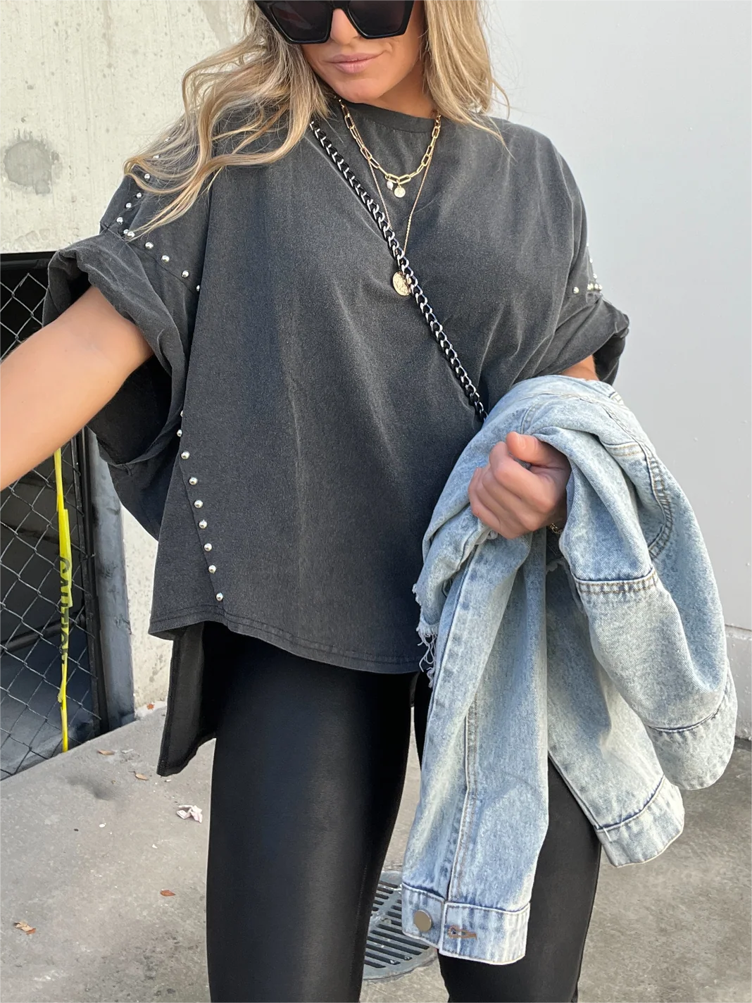 ð¥Washed Roll Sleeve Studded Oversized Short Sleeve Top  (Buy 2 Free Shipping)