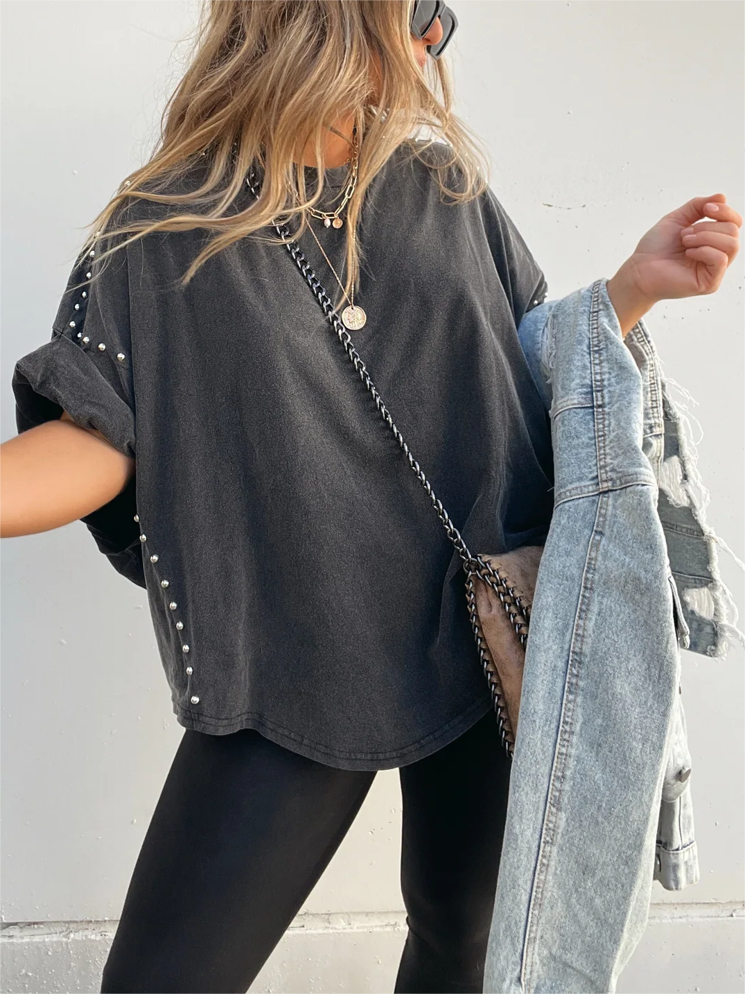 ð¥Washed Roll Sleeve Studded Oversized Short Sleeve Top  (Buy 2 Free Shipping)