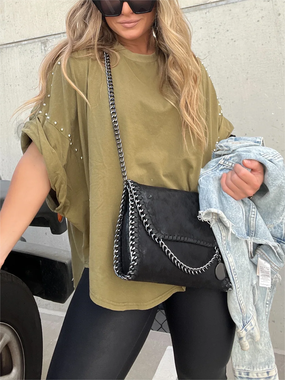 ð¥Washed Roll Sleeve Studded Oversized Short Sleeve Top  (Buy 2 Free Shipping)