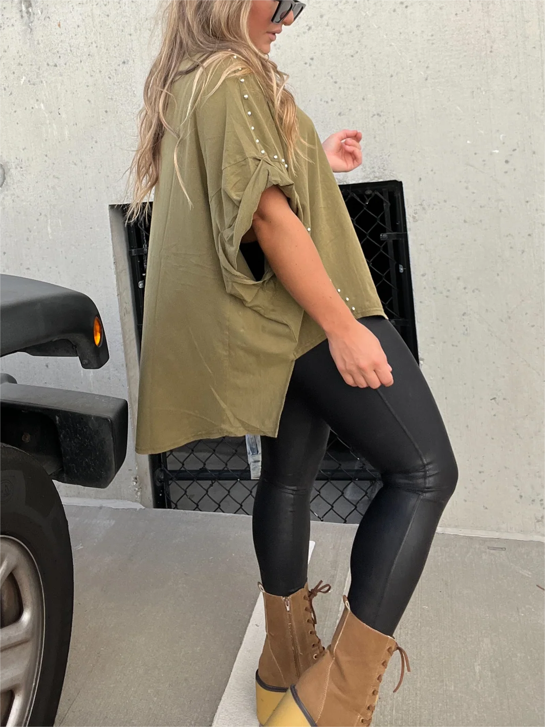ð¥Washed Roll Sleeve Studded Oversized Short Sleeve Top  (Buy 2 Free Shipping)