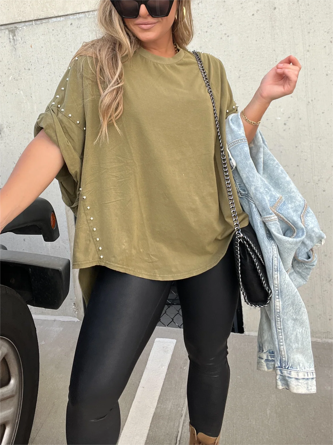 ð¥Washed Roll Sleeve Studded Oversized Short Sleeve Top  (Buy 2 Free Shipping)