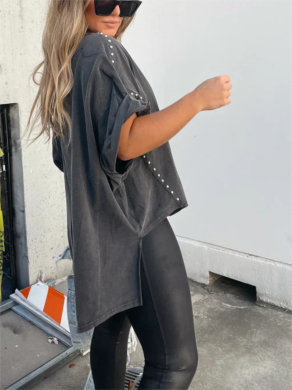 ð¥Washed Roll Sleeve Studded Oversized Short Sleeve Top  (Buy 2 Free Shipping)
