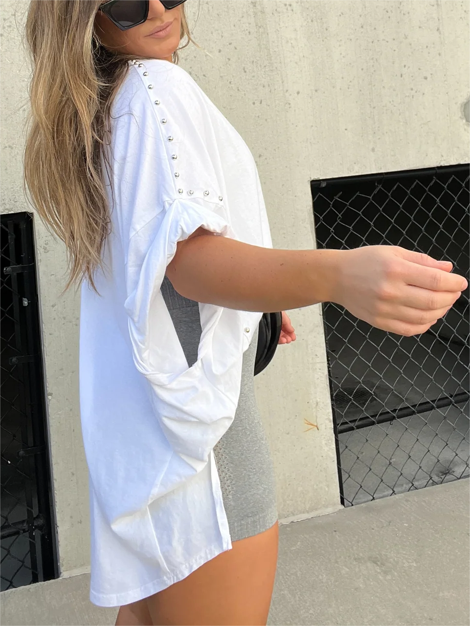 ð¥Washed Roll Sleeve Studded Oversized Short Sleeve Top  (Buy 2 Free Shipping)