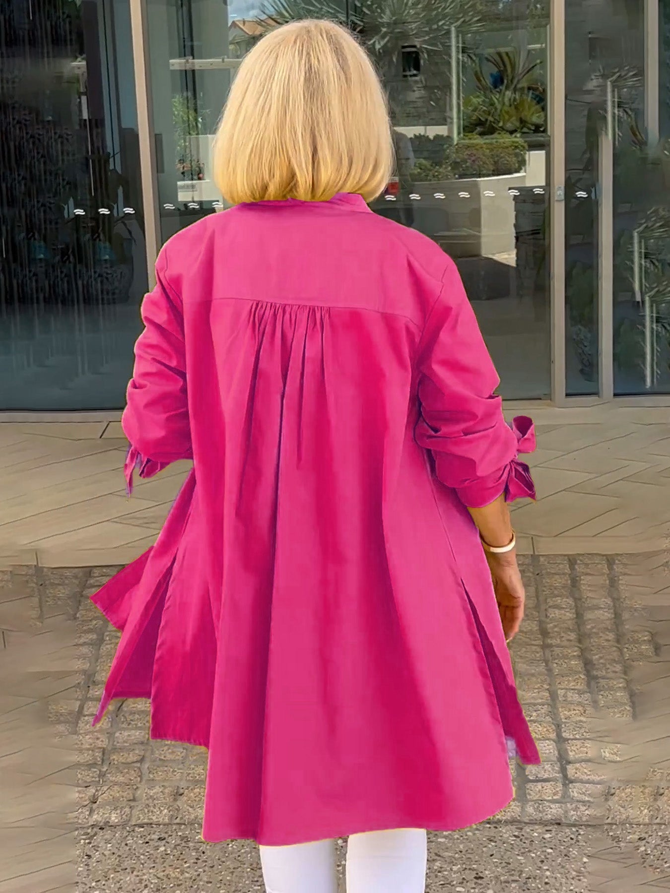 Solid Color Long Cotton Shirt Jackets Women Swing Shap Flattering Gathered Yolk At The Back