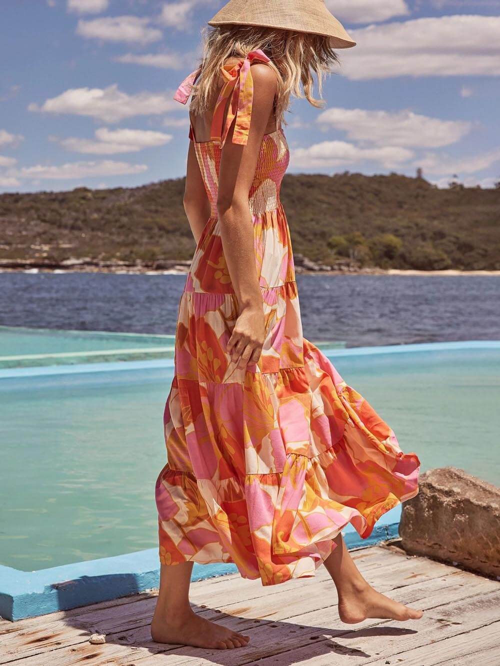 Sleeveless, pleated, stretch cami dress with Sea Charm print on the chest
